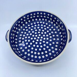 vintage polish pottery round casserole with handles "polka dot" pattern handcraf